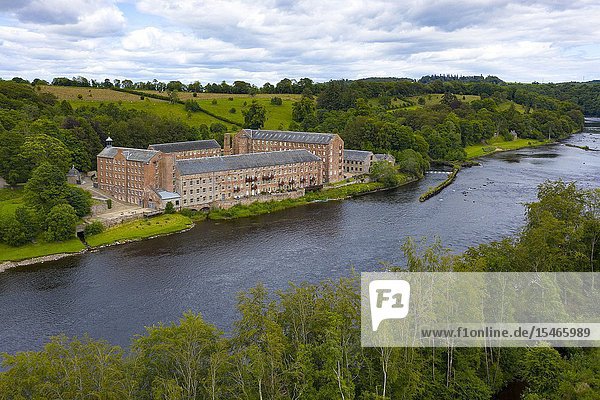 Aerial view of historic preserved Stanley Mills former cotton mills factory situated next to River Tay in Stanley Perthshire Scotland UK.