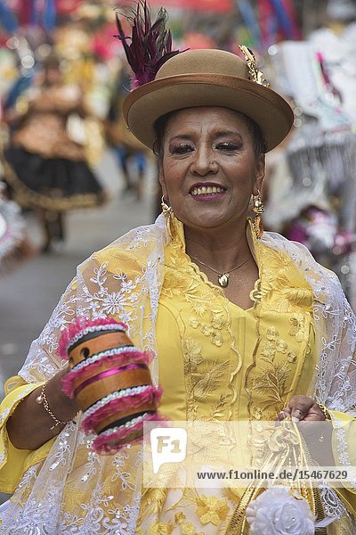 Cholita dancing at the Gran Poder Festival La Paz Bolivia.