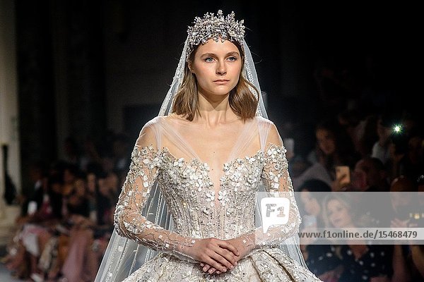 PARIS FRANCE - July 03 : A model walks the runway at the Ziad Nakad Show during the Paris Fashion Week Haute Couture Fall Winter 2019/2020 on July 03 2019 in Paris France. (Photo by Ahmed Hadjouti)