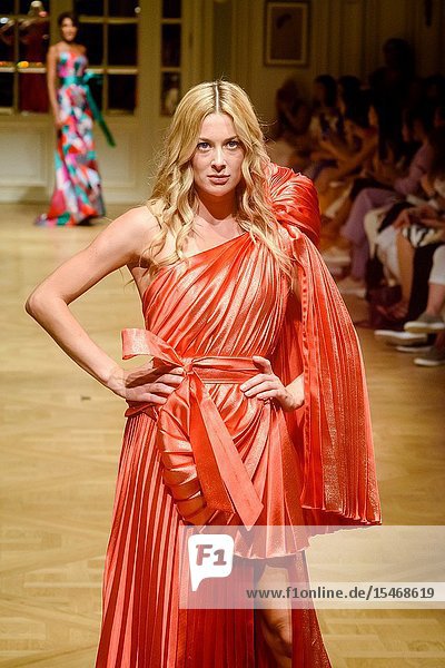 PARIS FRANCE - June 30 : A model walks the runway during the Arunaz De Nazym Karpykova Show As part of the Oriental Fashion Show during the Paris Fashion Week Haute Couture Fall Winter 2019/2020 on June 30 2019 in Paris France. (Photo by Ahmed Hadjouti)