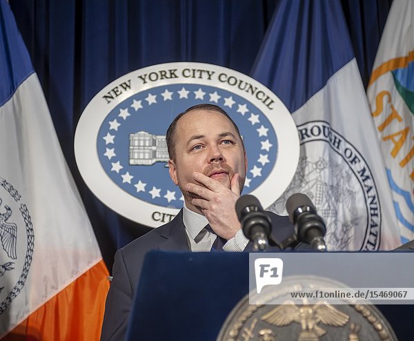 New York City Council Speaker and Acting Public Advocate Corey Johnson and members of the New York City Council hold a news conference on Wednesday February 13 2019 in the Red Room of New York City Hall. Besides speaking about pending legislation Johnson spoke about allegedly homophobic remarks made by Council Member Ruben Diaz Sr. and the Speaker's plan to dissolve the FHV Committee of which Diaz is the chairman. (© Richard B. Levine).