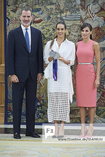 King Felipe VI of Spain Queen Letizia of Spain Ona Carbonnel during an audience at Zarzuela Palace on July 23 2019 in Madrid Spain