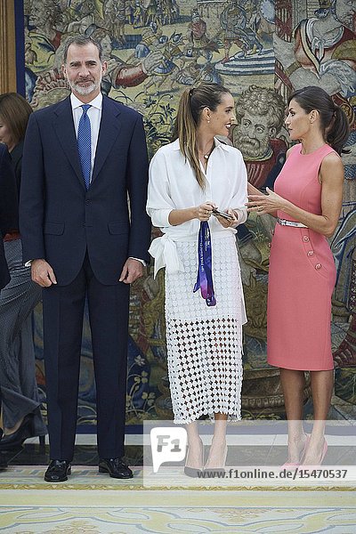 King Felipe VI of Spain Queen Letizia of Spain Ona Carbonnel during an audience at Zarzuela Palace on July 23 2019 in Madrid Spain