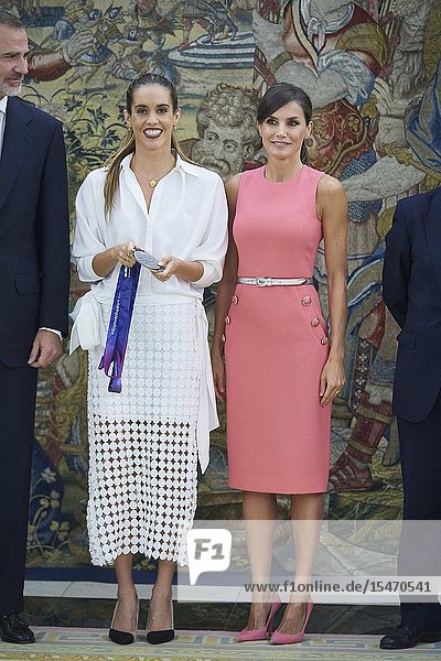 Queen Letizia of Spain Ona Carbonnel during an audience at Zarzuela Palace on July 23 2019 in Madrid Spain