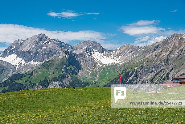 Landscape panorama at the Oeschinen mountain station with the mountains Large Lohner  Small Lohner and the Bonderspitz  Kandersteg  Bernese Oberland  Canton of Bern  Switzerland  Europe.