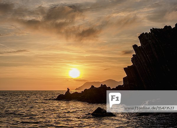 Rocky Coast of Riomaggiore at sunset  Cinque Terre  UNESCO World Heritage Site  Liguria  Italy.