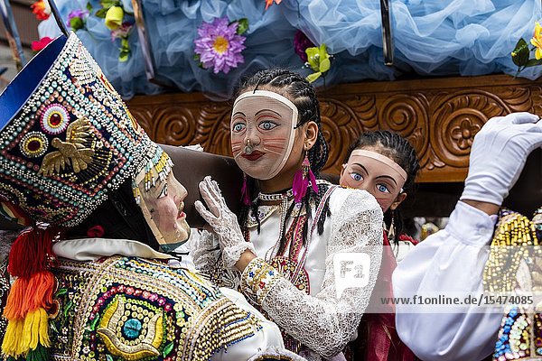 Procession of the Virgen del Carmen of Paucartambo (Cusco) characters and typical costumes. Peru South America.