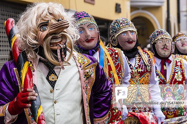 Procession of the Virgen del Carmen of Paucartambo (Cusco) characters and typical costumes. Peru South America.