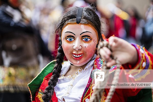 Procession of the Virgen del Carmen of Paucartambo (Cusco) characters and typical costumes. Peru South America.