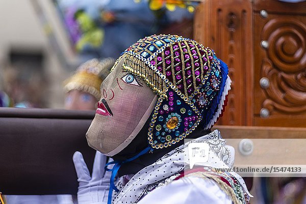 Procession of the Virgen del Carmen of Paucartambo (Cusco) characters and typical costumes. Peru South America.