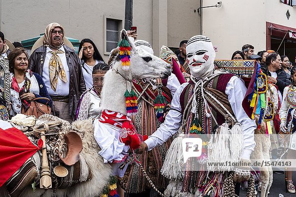 Procession of the Virgen del Carmen of Paucartambo (Cusco) characters and typical costumes. Peru South America.