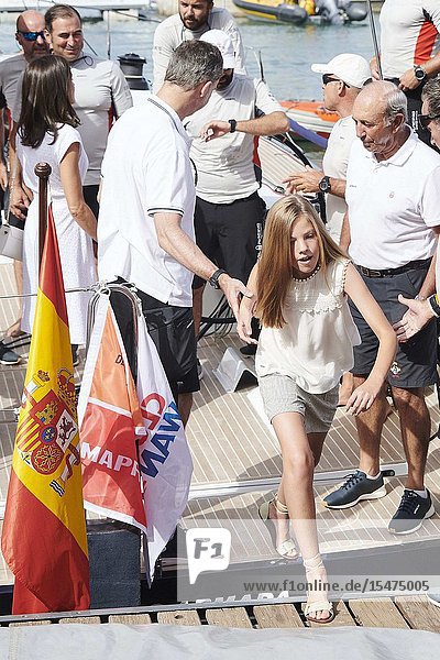 King Felipe VI of Spain Queen Letizia of Spain Crown Princess Leonor Princess Sofia is seen at Real Club Nautico during 38th Copa del Rey Mapfre Sailing Cup - Day 4 on August 1 2019 in Palma Spain