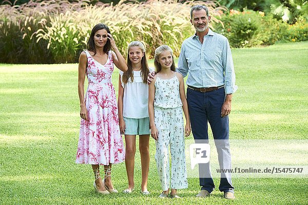 King Felipe VI of Spain Queen Letizia of Spain Crown Princess Leonor Princess Sofia pose for the photograhers during Summer Photosession at Marivent Palace on August 4 2019 in Palma Spain