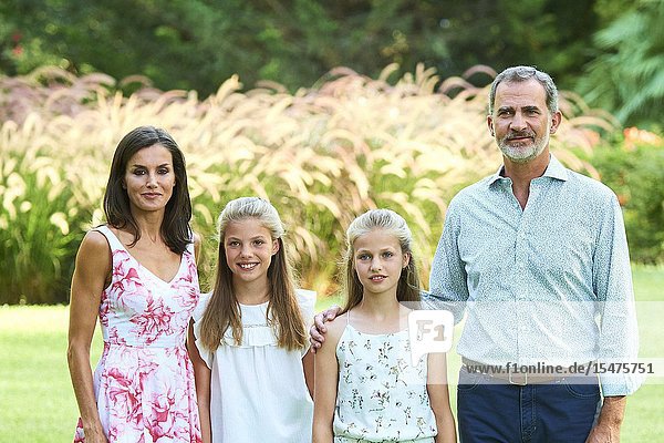 King Felipe VI of Spain Queen Letizia of Spain Crown Princess Leonor Princess Sofia pose for the photograhers during Summer Photosession at Marivent Palace on August 4 2019 in Palma Spain