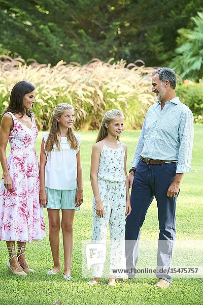 King Felipe VI of Spain Queen Letizia of Spain Crown Princess Leonor Princess Sofia pose for the photograhers during Summer Photosession at Marivent Palace on August 4 2019 in Palma Spain