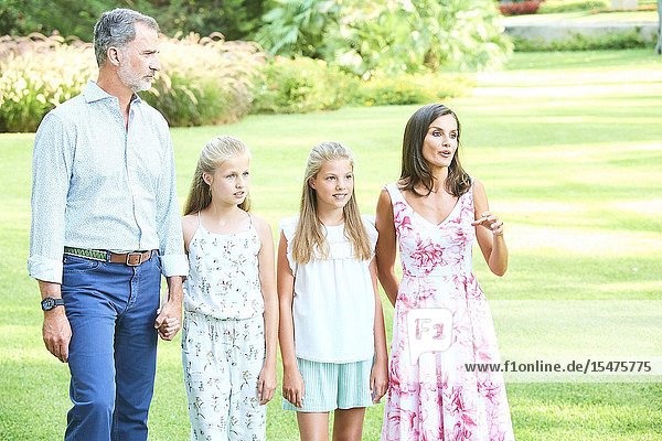 King Felipe VI of Spain Queen Letizia of Spain Crown Princess Leonor Princess Sofia pose for the photograhers during Summer Photosession at Marivent Palace on August 4 2019 in Palma Spain