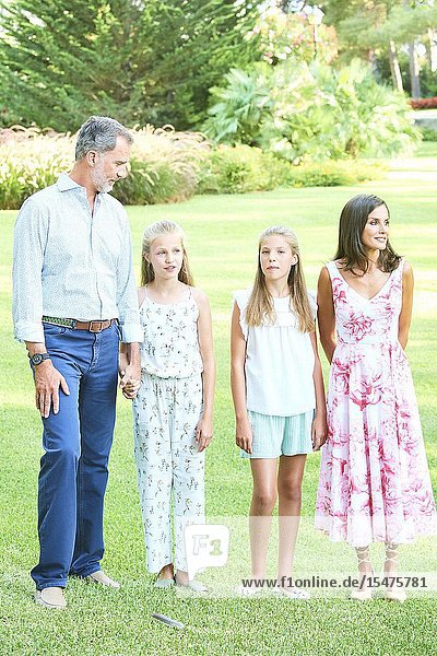 King Felipe VI of Spain Queen Letizia of Spain Crown Princess Leonor Princess Sofia pose for the photograhers during Summer Photosession at Marivent Palace on August 4 2019 in Palma Spain
