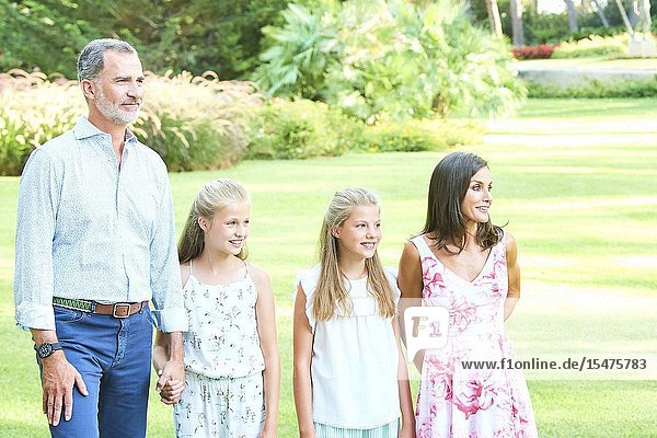 King Felipe VI of Spain Queen Letizia of Spain Crown Princess Leonor Princess Sofia pose for the photograhers during Summer Photosession at Marivent Palace on August 4 2019 in Palma Spain
