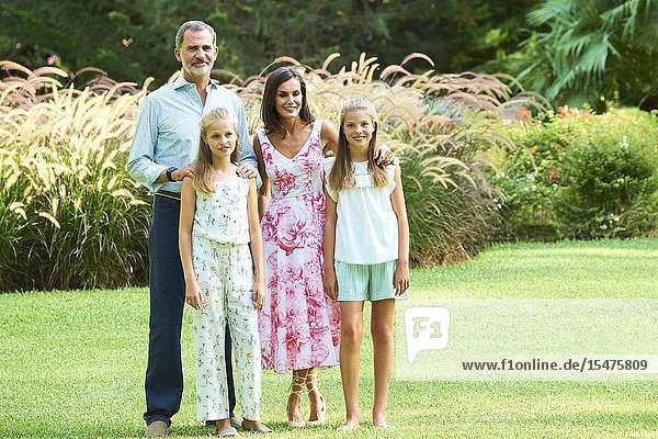 King Felipe VI of Spain Queen Letizia of Spain Crown Princess Leonor Princess Sofia pose for the photograhers during Summer Photosession at Marivent Palace on August 4 2019 in Palma Spain