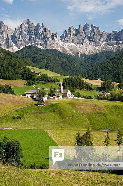 St. Magdalena Villnoess Trentino-Alto South Tyrol Italy Europe - The Nature Park of the Villnoess Valley with Dolomite mountains of the Puez Geisler Group.