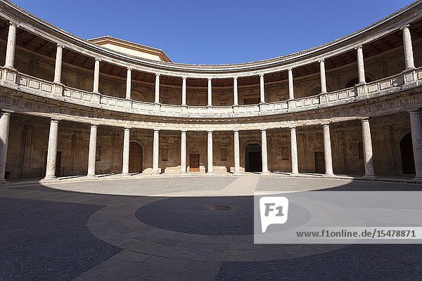 The inner courtyard of Palace of Charles V in the Alhambra Granada province of Granada Andalusia Spain.