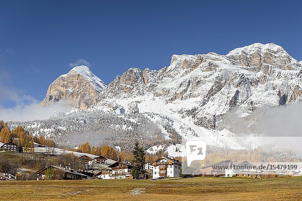 Italy Veneto Belluno district Cortina d'Ampezzo a bright autumn morning with the first snow in mountains.