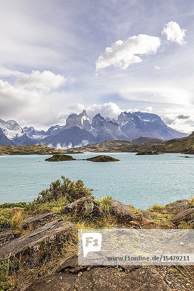 Chile Patagonia Magallanes and Chilean Antarctica Region Ultima Esperanza Province Torres del Paine National Park elevated view of Lake Pehoé and Paine Horns in the background.