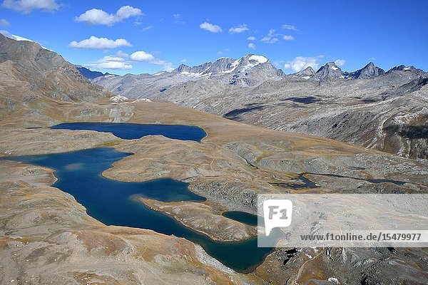 Leita' and Rosset lakes with Gran Paradiso on background Aosta Valley Italy.
