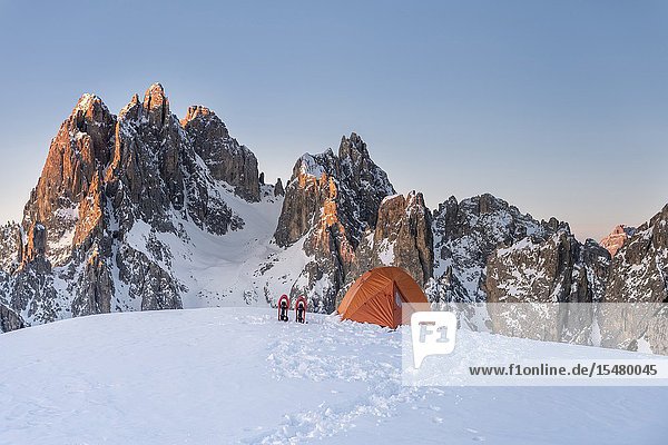 Mount Campedelle Misurina Auronzo di Cadore province of Belluno Veneto Italy Europe. Sunrise over the Cadini di Misurina mountains.