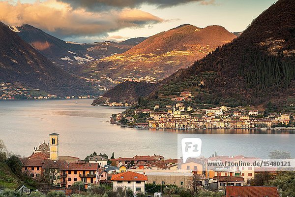 Sulzano and Peschiera Maraglio on the lake of iseo lake in Brescia province Lombardy district Italy Europe.