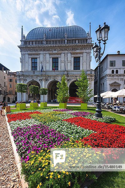 Flowers in Piazza Loggia Brescia Lombardy district Italy Europe.