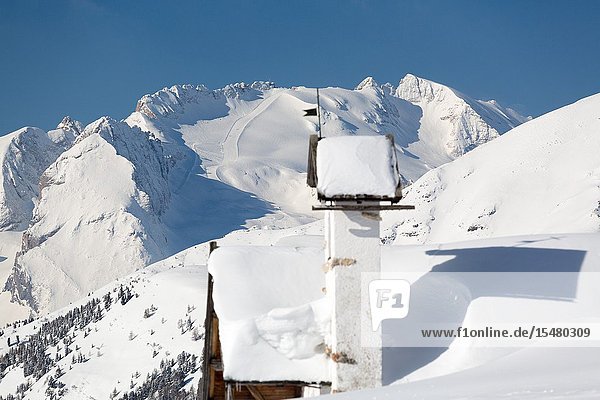 View from Falzarego Pass towards Marmolada Veneto Italy Europe.