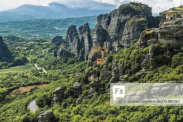 Monastery of Moni Agias Varvaras Roussanou and rocky pinnacles of Meteora Thessaly Greece.