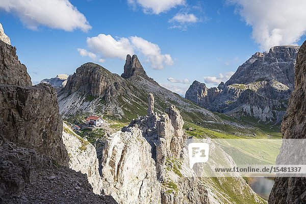 Locatelli hut Sesto Rock and Toblin Tower shot from the trail that leads to Mount Paterno. Sesto Dolomites Trentino Alto Adige Italy.