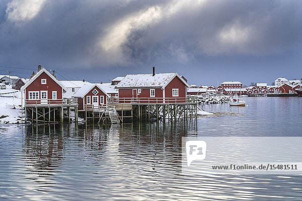 Traditional 'rorbu' houses in winter. Reine Lofoten district Nordland county Northern Norway Norway.
