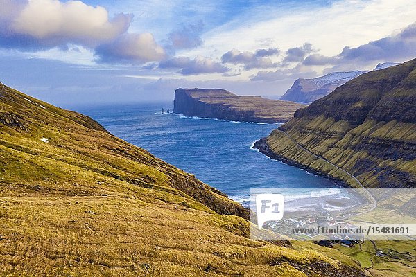 Aerial panoramic of the coastal village of Tjornuvik Streymoy island Faroe Islands Denmark.