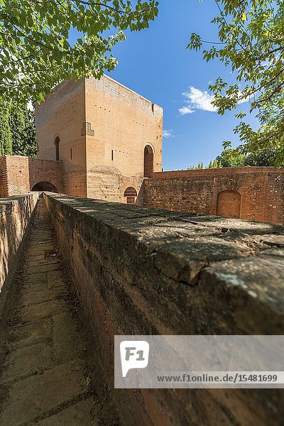 Fortified walls and tower Generalife La Alhambra complex Granada Andalusia Spain.