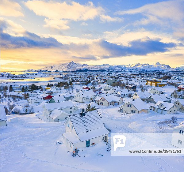 Aerial panoramic of Leknes town after a snowfall Vestvagoy Lofoten Islands Norway.