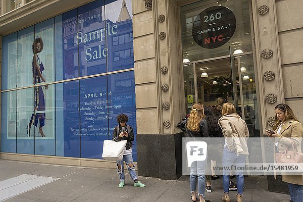 Shoppers outside the Rent the Runway sample sale in the NoMad neighborhood of New York on Tuesday April 9 2019. Rent the Runway announced that it will start to rent children's clothing as well. With its recent round of financing the company has reached a valuation of $1 billion. (© Richard B. Levine).