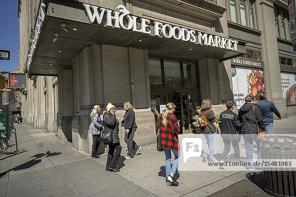 Whole Foods Market in the Chelsea neighborhood of New York on Wednesday April 3 2019 on opening day of the chain's commitment to shedding its 'Whole Paycheck' image lowering prices on over 500 items. The lower pricing started today and will average 20 percent on select items. (© Richard B. Levine).