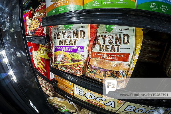 Packages of Beyond Meat brand â. œchickenâ.strips and â. œbeefâ.crumbles in a supermarket freezer in New York on Sunday May 5 2019. (© Richard B. Levine).