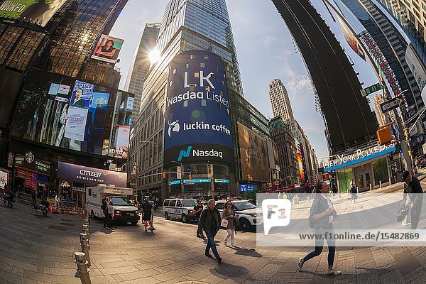 The giant video screen on the Nasdaq stock exchange in Times Square in New York is decorated for the debut of the Luckin Coffee initial public offering on Friday May 17 2019. The Chinese chain of coffee shops colloquially described as the Chinese Starbucks was founded in 2017 with nine stores and two years later has 2 370 locations. (© Richard B. Levine).