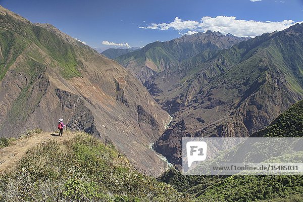 Looking into the amazing Apurimac River and canyon deeper than the Grand Canyon Choquequirao ruins Santa Teresa Peru.