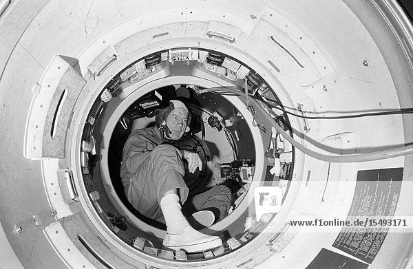 Astronaut Donald K. Slayton  docking module pilot on the American ASTP prime crew  participates in Apollo-Soyuz Test Project joint crew training in Building 35 at the Johnson Space Center. He is in the Docking Module mock-up. The training simulated activities on the first day in Earth orbit.
