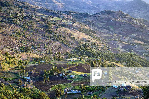 Farming communities nestled in the valleys of Ankober Ethiopia.