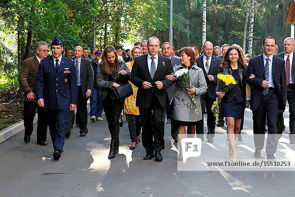 At the Gagarin Cosmonaut Training Center in Star City Russia Expedition 3738 Flight Engineer Michael Hopkins of NASA (left) Soyuz Commander Oleg Kotov (center) and Flight Engineer Sergey Ryazanskiy (right) lead the procession Sept. 13 following a departure ceremony as they left their training base for a flight to their launch site at the Baikonur Cosmodrome in Kazakhstan. Hopkins Kotov and Ryazanskiy are scheduled to launch from Baikonur Sept. 26 Kazakh time in the Soyuz TMA-10M spacecraft for a five and a half month mission on the International Space Station.