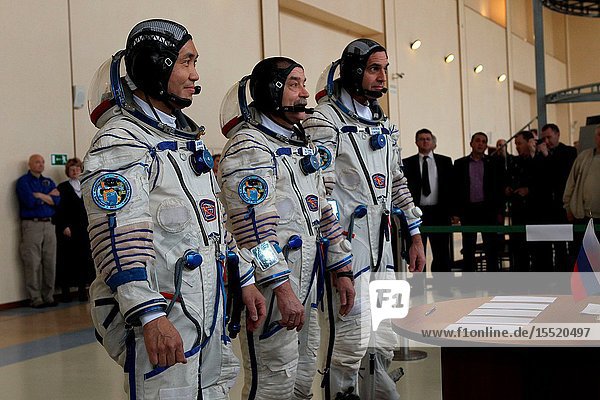 At the Gagarin Cosmonaut Training Center in Star City Russia the Expedition 3637 backup crew members checked in for their qualification exams May 6 in support of the prime crewmembers preparing for launch to the International Space Station. From left to right are Koichi Wakata of the Japan Aerospace Exploration Agency Soyuz Commander Mikhail Tyurin of Roscosmos and NASA's Rick Mastracchio. The prime crew (out of frame) NASA's Karen Nyberg Soyuz Commander Fyodor Yurchikhin and Luca Parmitano of the European Space Agency are set to launch from the Baikonur Cosmodrome in Kazakhstan in their Soyuz TMA-09M spacecraft on May 29 Kazakh time for a five-month mission.