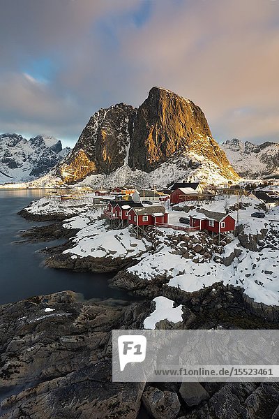 Beautiful and iconic Hamnoy village at sunrise in winter day Lofoten Islands Northern Norway Europe.