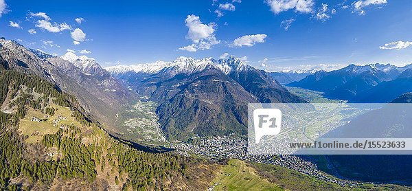 Panoramic view of Valchiavenna in spring. Valchiavenna Valtellina Lombardy Italy Europe.