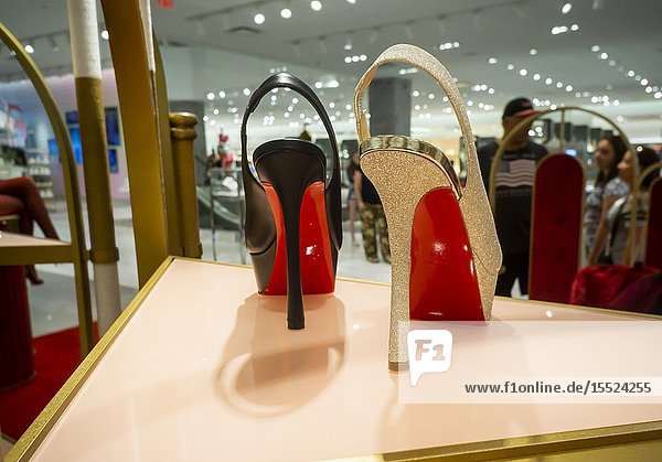 Christian Louboutin brand footwear in luxury goods retailer Neiman Marcus department store in the Hudson Yards mall on the West Side of Manhattan on Sunday July 7 2019. (© Richard B. Levine).